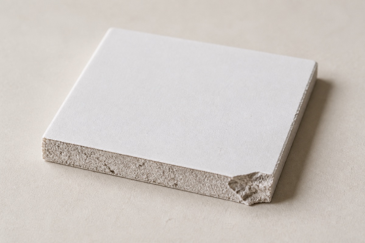 Square offcut of paper-faced gypsum board showing the face and a cut edge of the chalky core