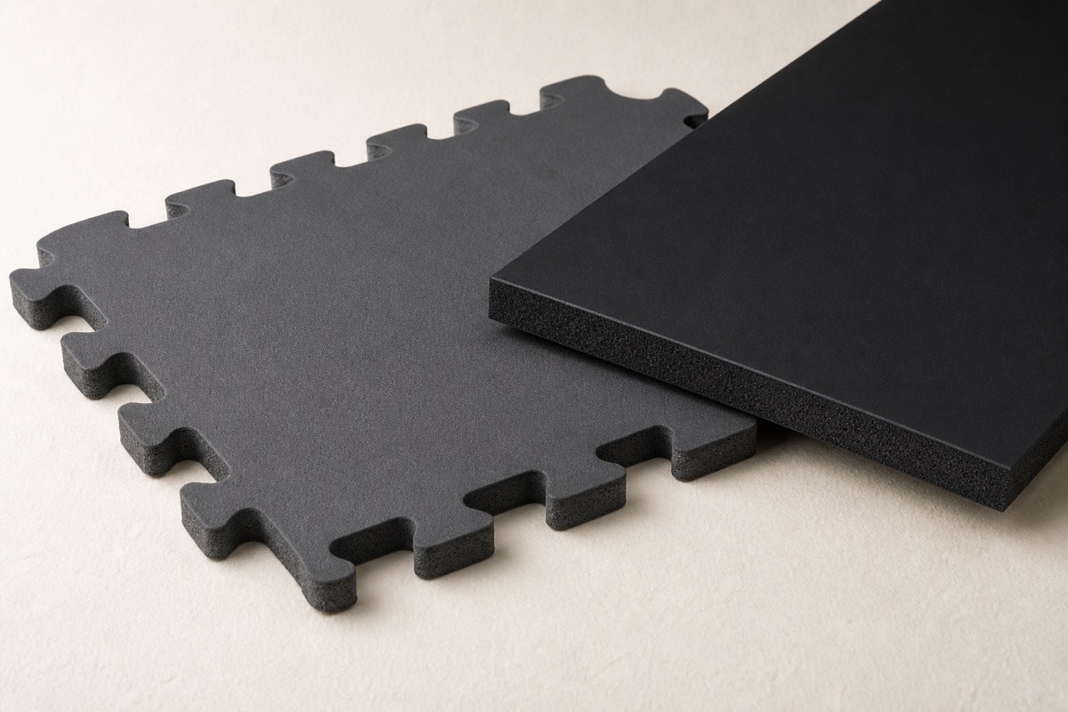 Charcoal EVA interlocking floor tile with puzzle-edge tabs, beside a black EVA foam sheet showing its smooth skin and fine closed-cell cut edge