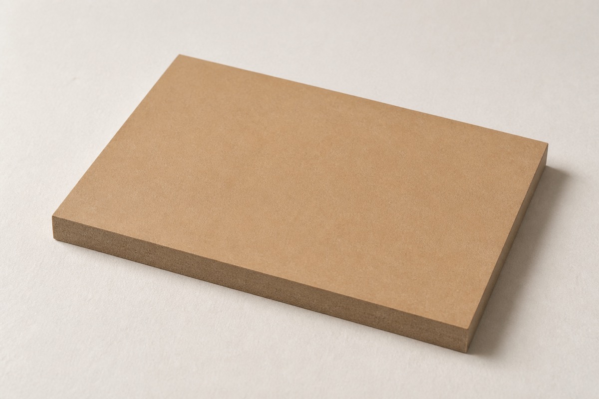 Rectangular MDF offcut, uniform tan-brown with no grain, its cut edge showing dense compressed fibre