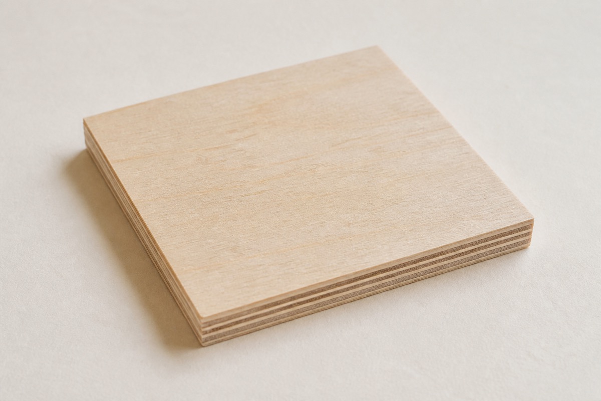 Square offcut of birch plywood with a smooth pale face and a cut edge showing the stack of thin alternating plies