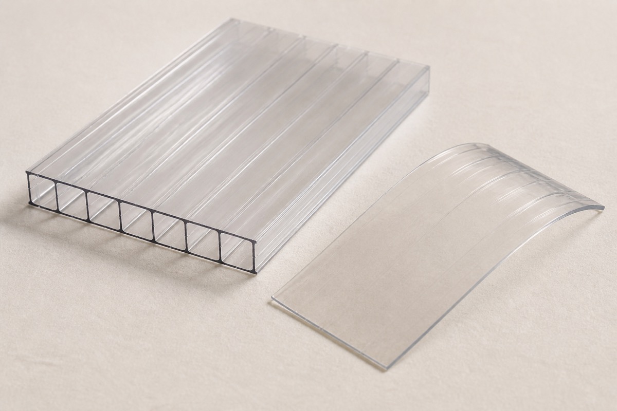 Clear twin-wall polycarbonate sheet with its hollow flutes open at the cut end, next to a flat offcut bent into a curve