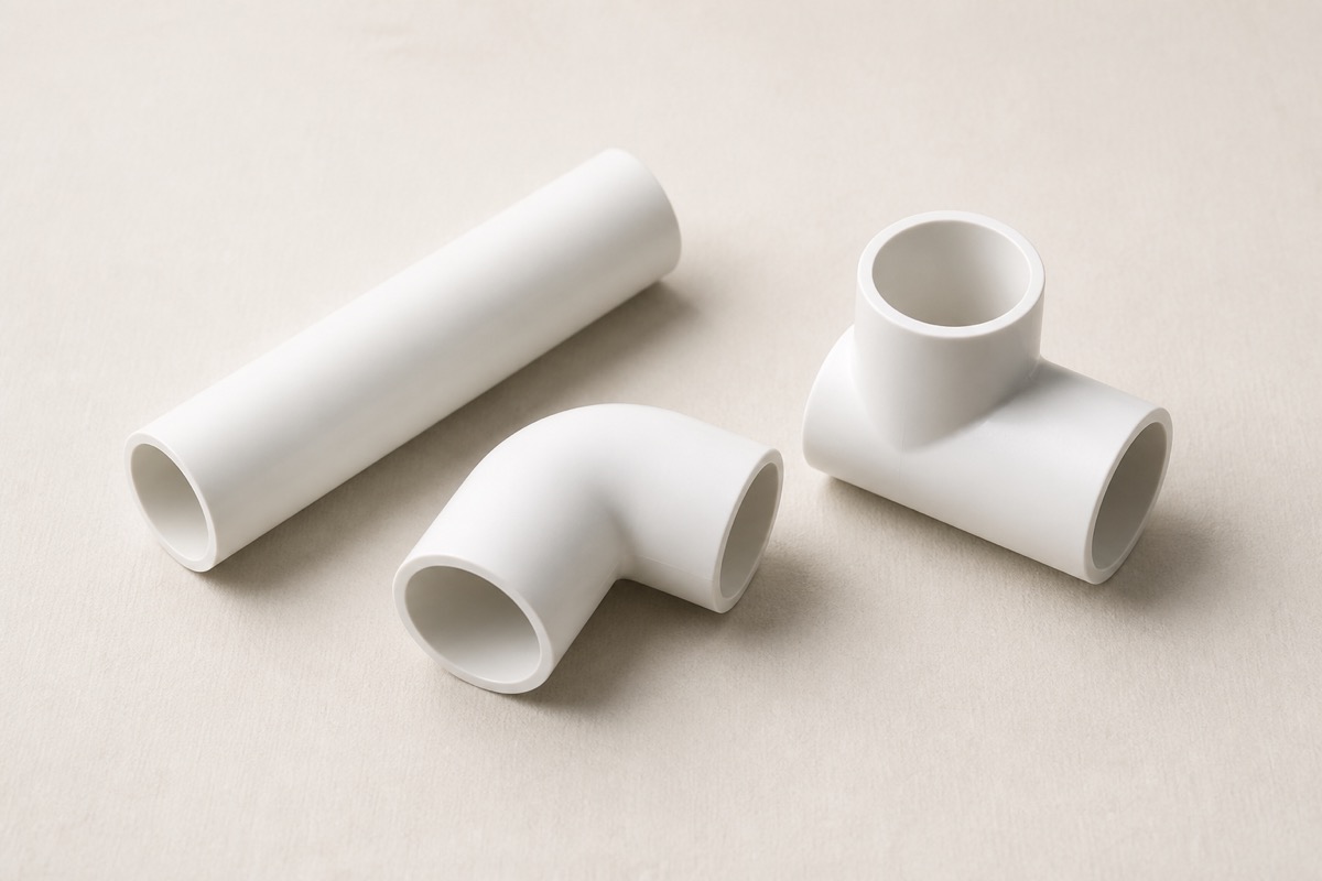 Length of white rigid PVC pipe beside a 90-degree elbow and a tee fitting, all with clean square-cut sockets