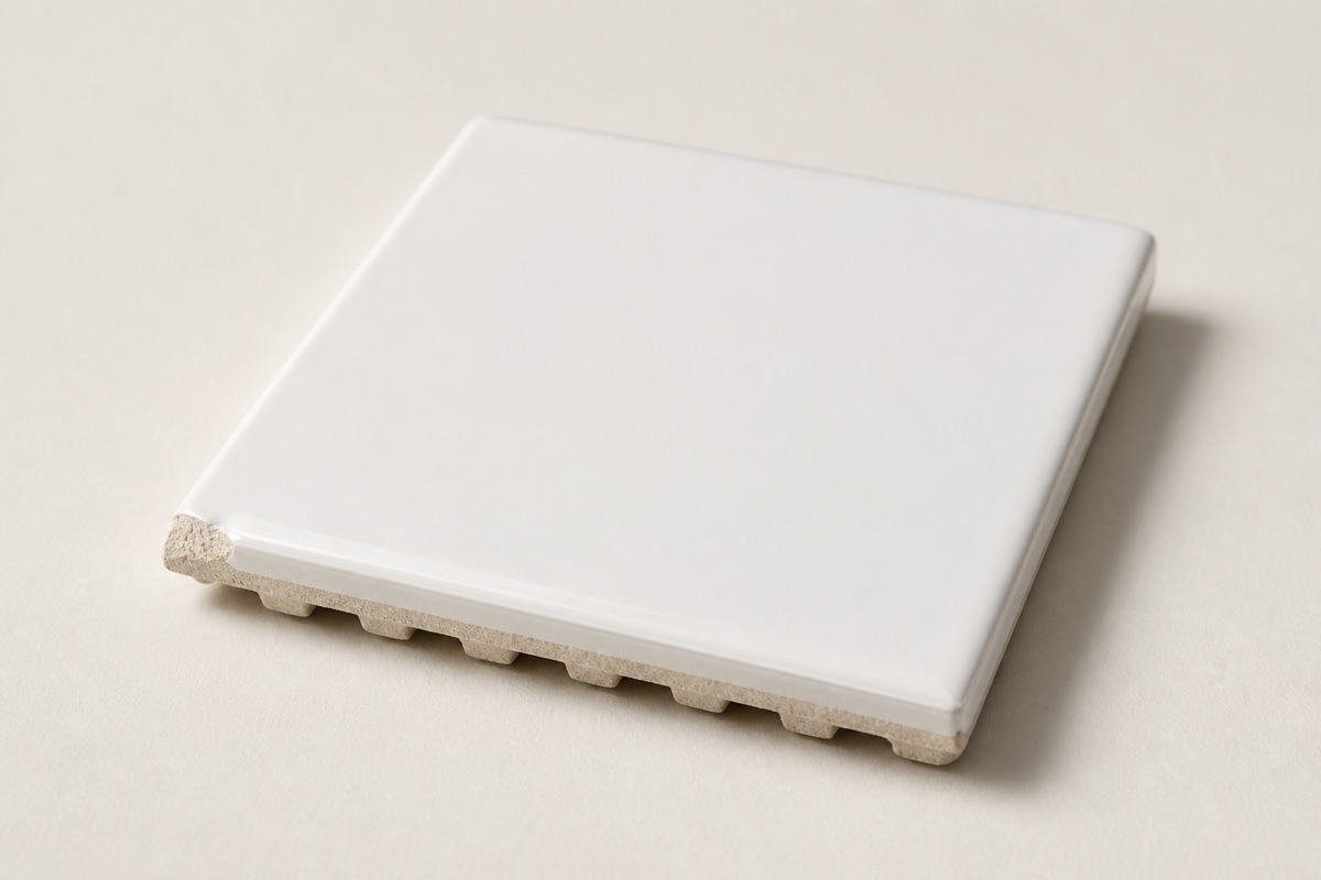 Plain white glazed wall tile tilted to show the glossy face and the ridged unglazed back