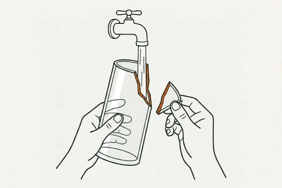 Two hands holding the glass vase body and its broken wedge shard under a stream of water from a tap, washing the fracture edges