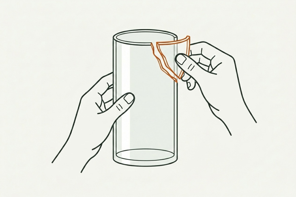 Two hands holding the shard against the broken rim of the glass vase to test the dry fit along the seam