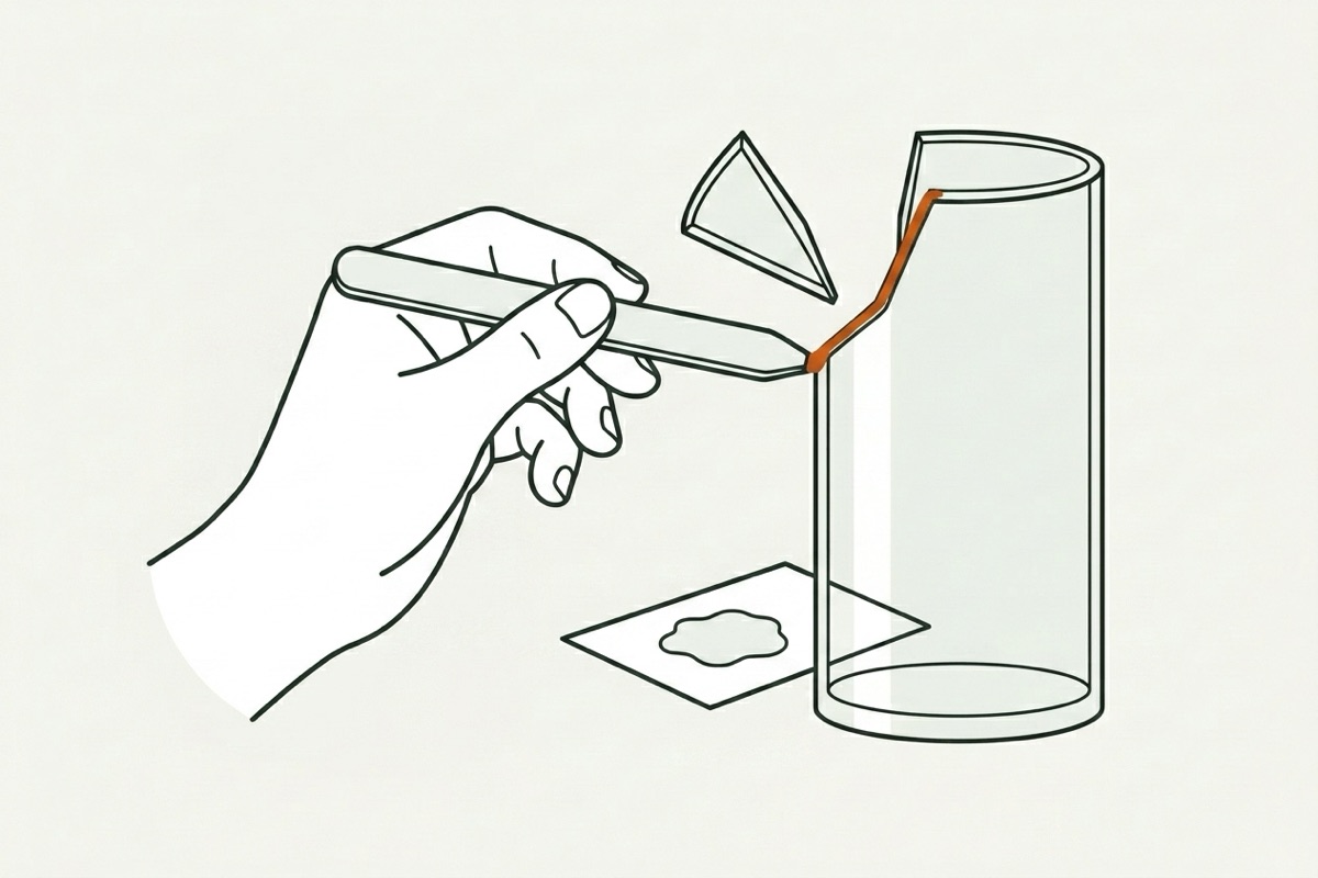 A hand using a mixing stick to apply a thin bead of clear 2-part epoxy along the broken rim fracture of the glass vase