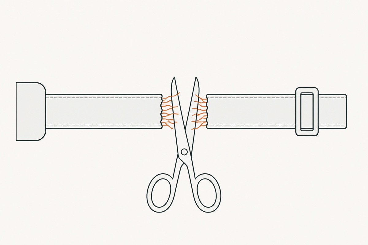 Scissors open around the loose threads hanging from both torn ends of a webbing strap