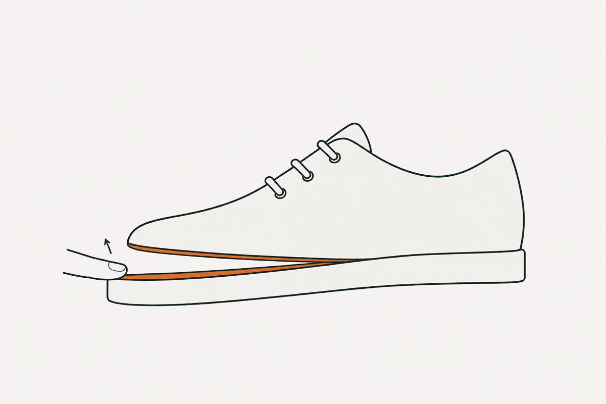 A fingertip touching the coated sole inside the still-open gap, an arrow showing it lifting away again