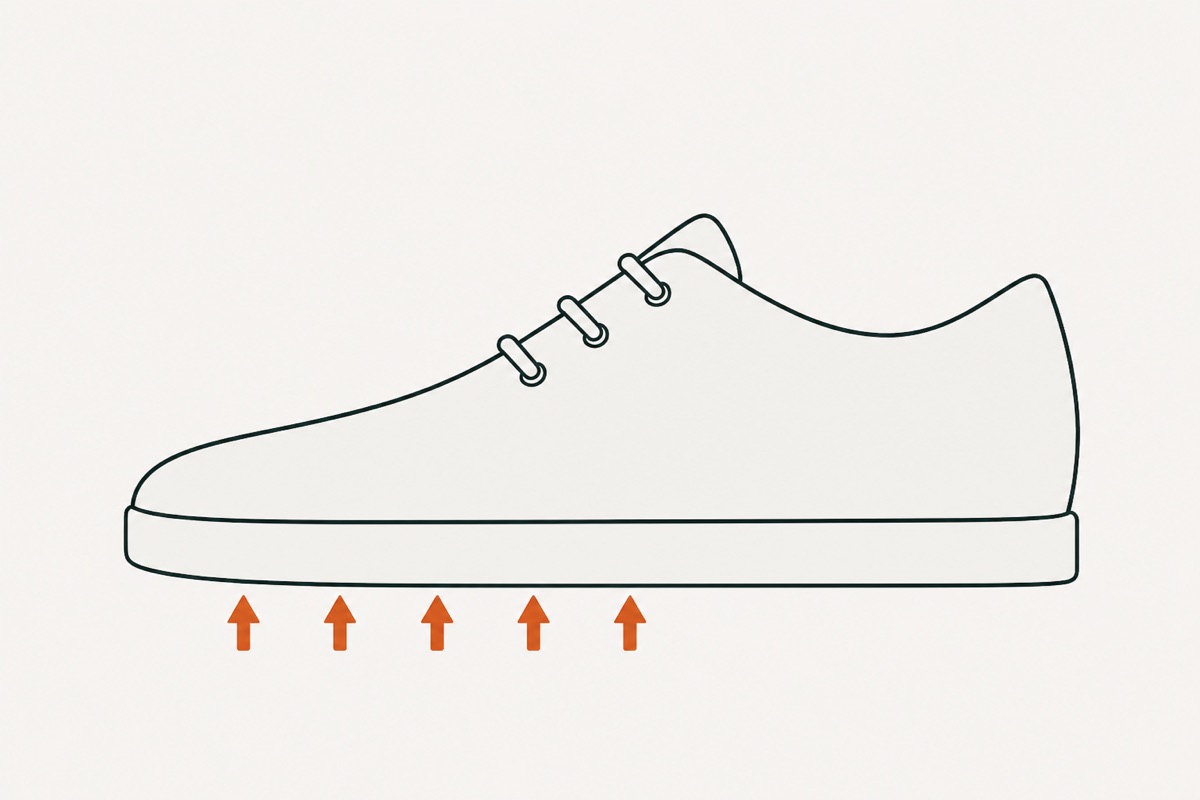 The shoe with the sole closed flush again, five arrows below it pressing up along the front half