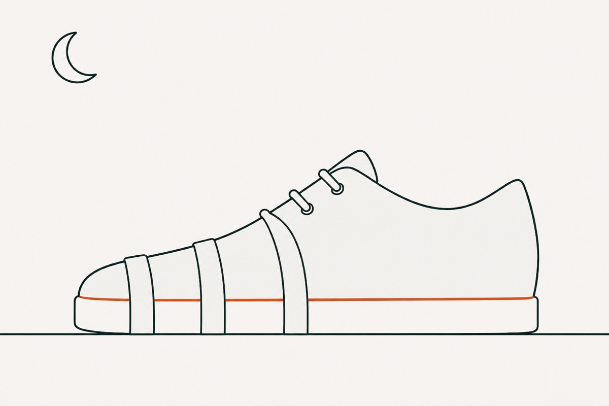 The shoe standing untouched under a crescent moon, three rubber bands wrapped around its front half