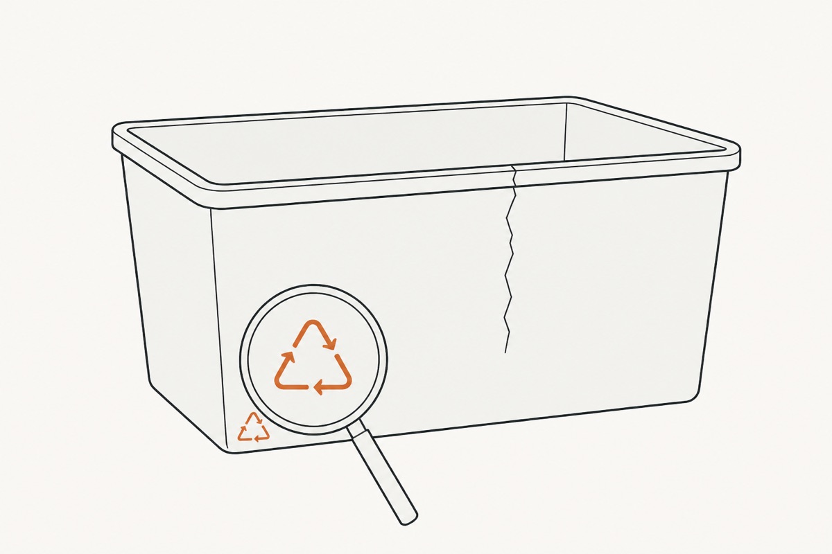 A magnifying glass held over the small moulded recycling triangle low on the cracked bin's front face, the mark enlarged inside the lens