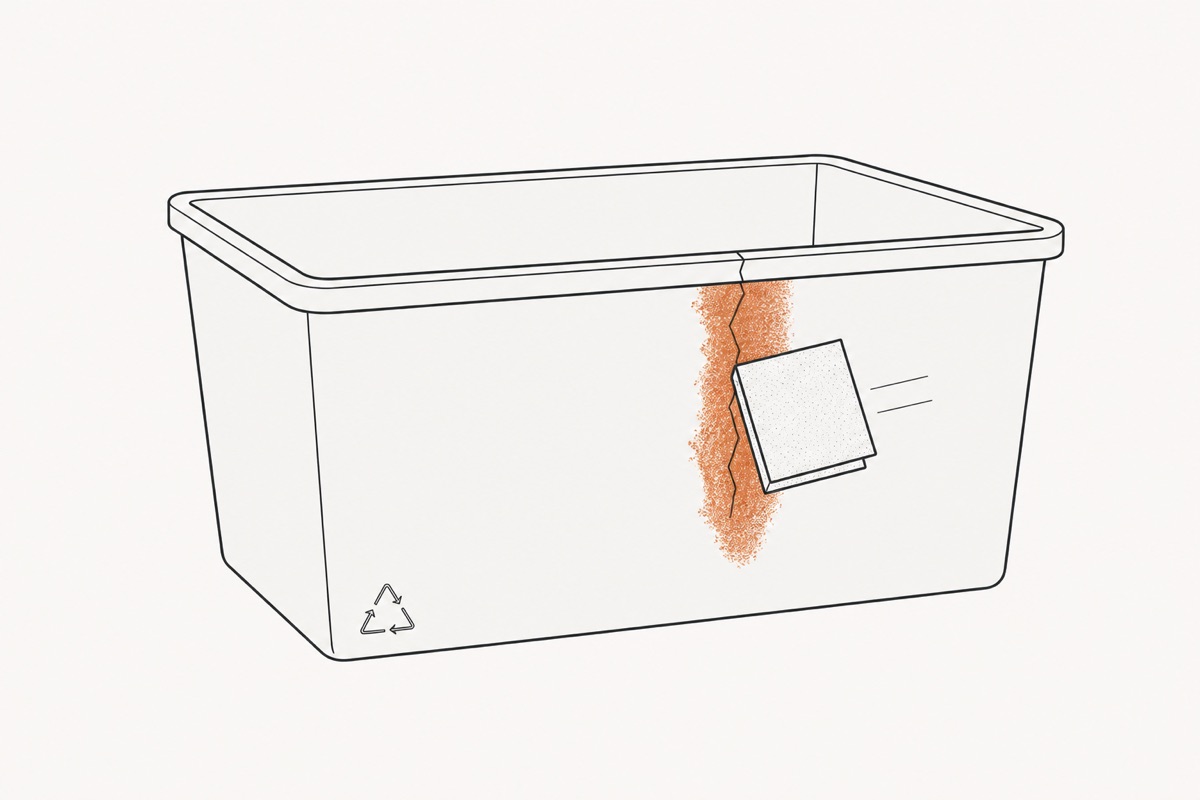 A folded sheet of sandpaper working beside the crack, a roughened band following the crack down the bin's face