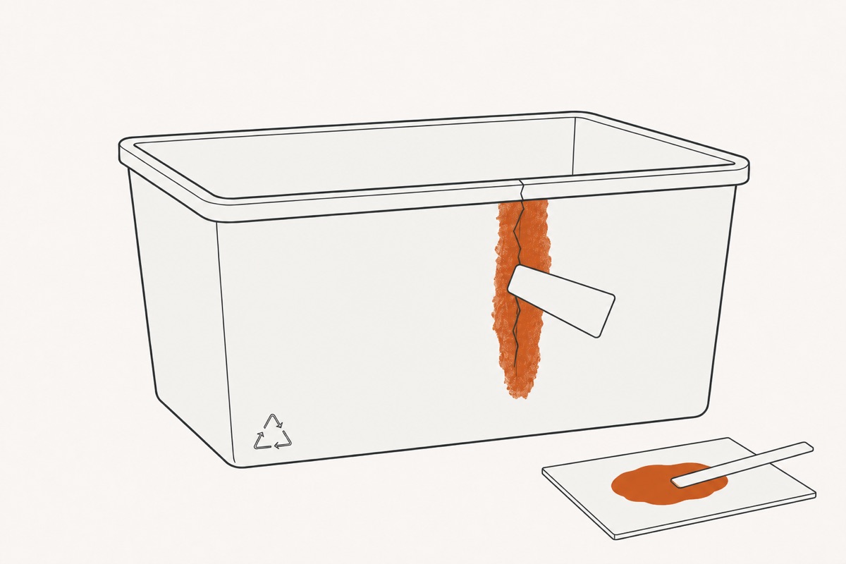 A spatula spreading epoxy over the crack, a mixing card with a stirred puddle and stick on the ground beside the bin
