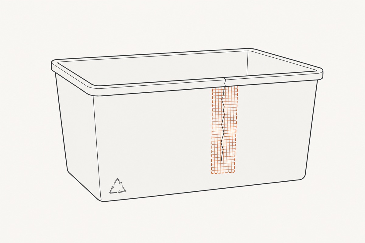 A rectangle of open mesh drawn in dashed outline behind the wall, covering the whole length of the crack from inside