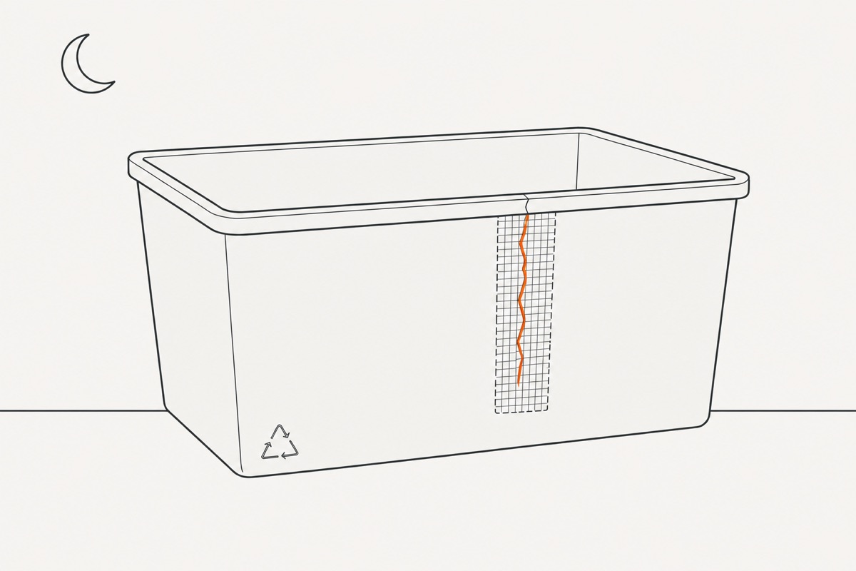 The empty bin standing untouched on a flat surface under a crescent moon, the mesh patch still over the crack