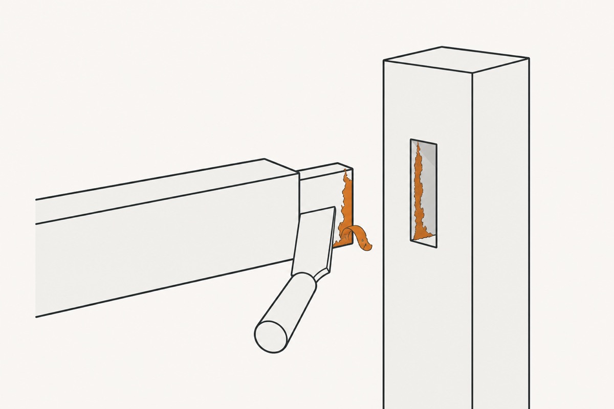 The rail pulled clear of the leg, a flat scraper lifting a crust of dried glue off the tenon