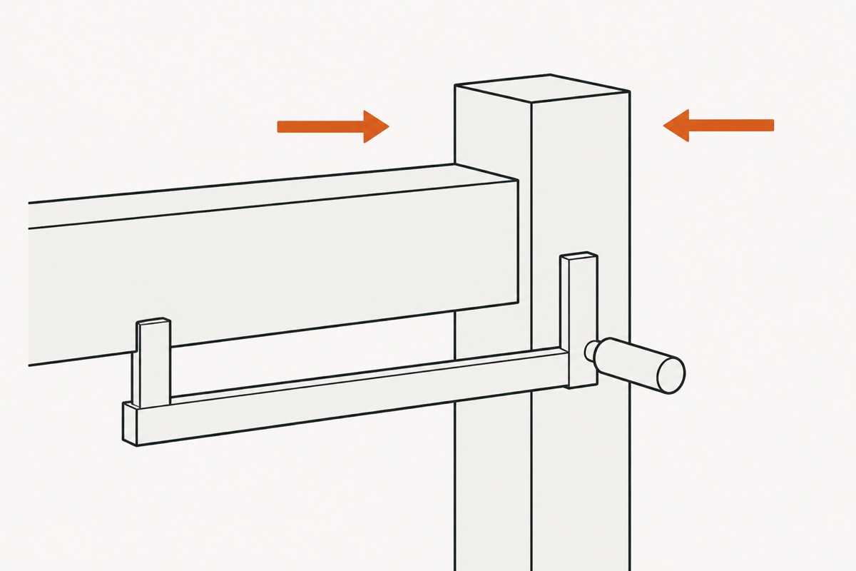 The joint closed tight with a bar clamp across it and two arrows pressing rail and leg together