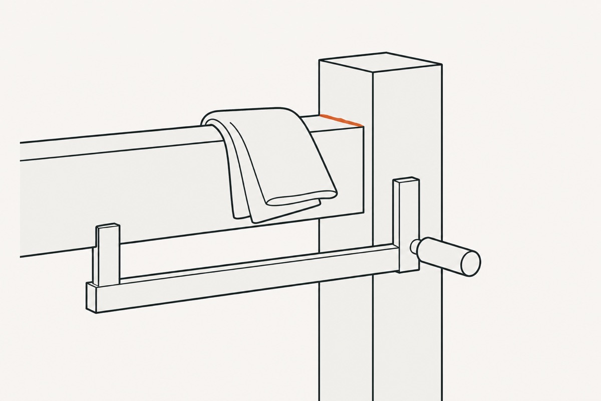 A folded rag at the shoulder of the still-clamped joint, taking off the bead of glue that squeezed out