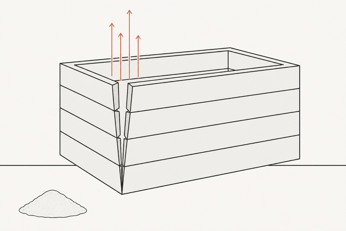 An empty planter with a small heap of soil beside it, four arrows rising off the open corner joint