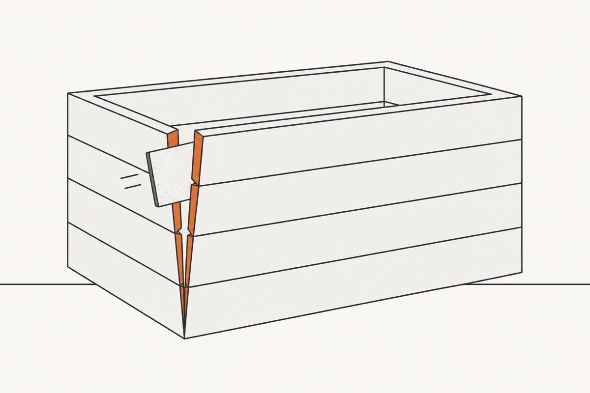 A folded sheet of sandpaper pushed into the open corner, both joint faces cut back to fresh wood