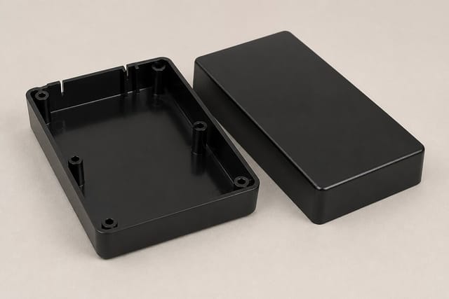 Dos mitades de una carcasa de ABS negro mostrando los nervios interiores y alojamientos de tornillos