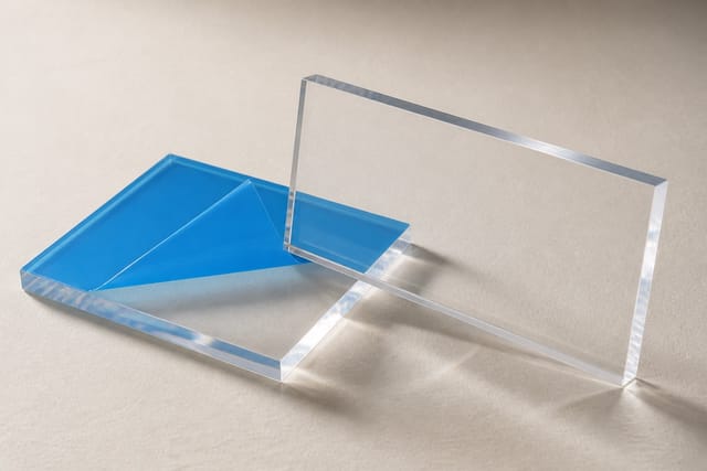 Dos retales de metacrilato transparente con cantos pulidos, uno de ellos aún protegido con film azul