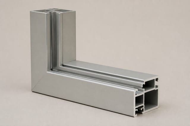 Esquina de marco de ventana de aluminio plateado con corte hueco