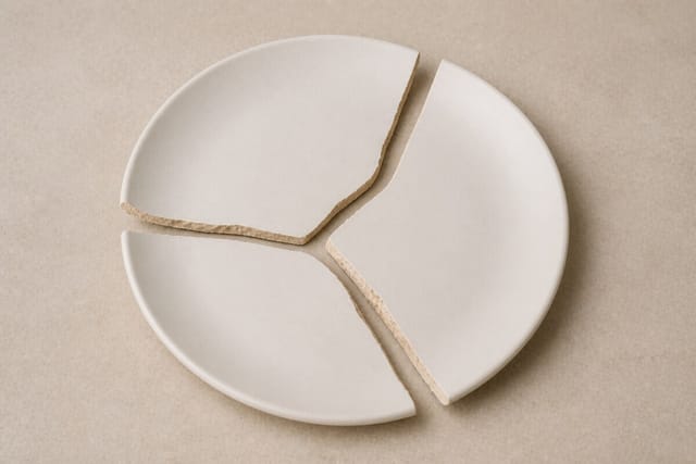 Assiette en céramique blanche émaillée brisée en trois morceaux
