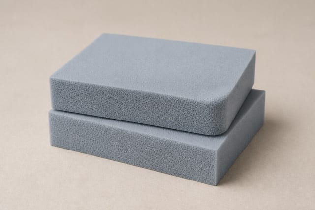 Dos bloques superpuestos de gomaespuma de poliuretano gris