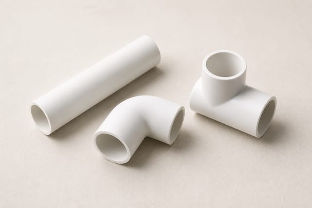 Tramo de tubo de PVC rígido blanco con codo a 90 grados y derivación en T