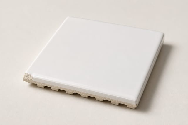 Azulejo cerámico blanco brillante mostrando el esmalte y el reverso rugoso de bizcocho