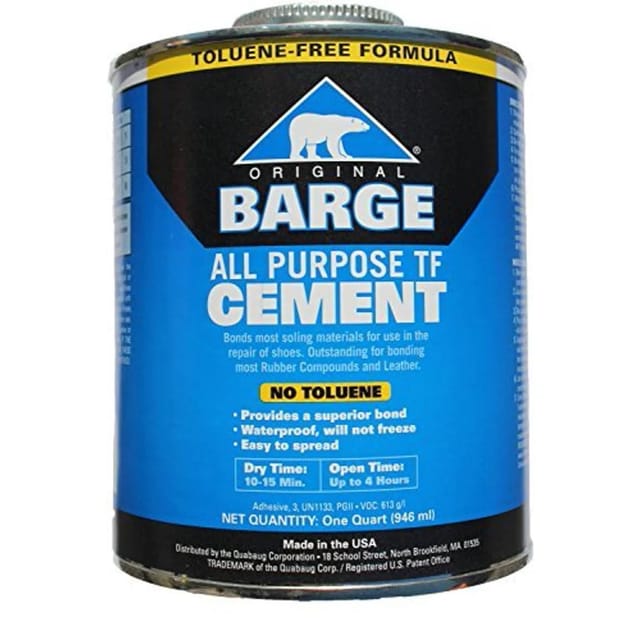 Pot jaune et bleu de colle contact tout usage Barge All-Purpose TF Cement.