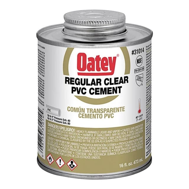 Oatey Regular Clear PVC Solvent Cement lata metálica con etiqueta amarilla