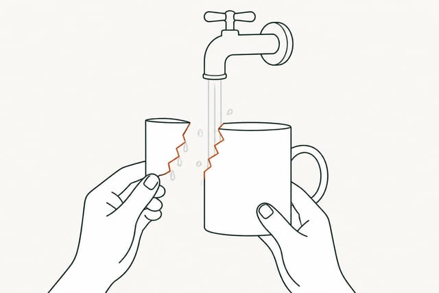 Two hands holding a mug and its broken-off shard under a running tap, both jagged edges facing the water