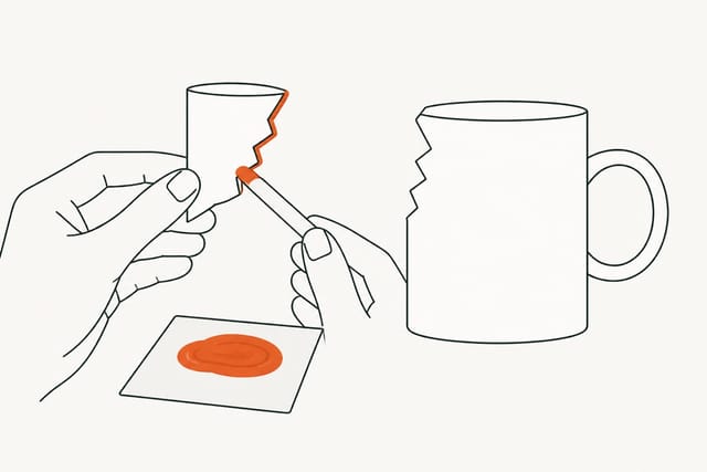A stick spreading a thin coat along the shard's broken edge, a mixing card of stirred adhesive below and the waiting mug beside them