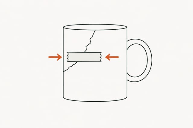 The shard back in place on the mug, one tape strip across the closed seam and arrows pressing in from both sides