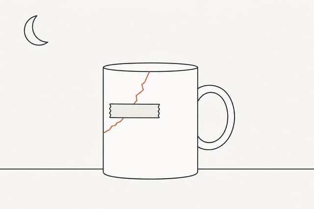 The taped mug standing untouched on a flat surface under a crescent moon
