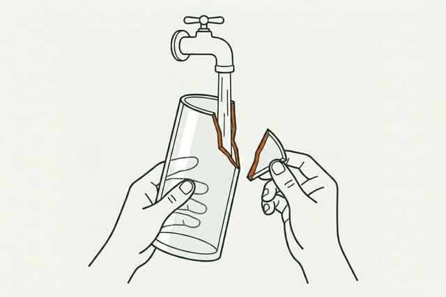 Two hands holding the glass vase body and its broken wedge shard under a stream of water from a tap, washing the fracture edges