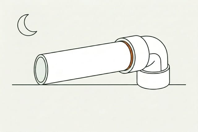 The joined PVC pipe and elbow resting undisturbed on a flat surface bajo un símbolo de reposo para secado