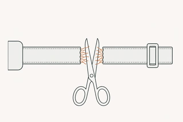 Scissors open around the loose threads hanging from both torn ends of a webbing strap