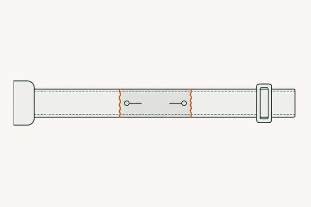 The two halves slid together into a double-thickness overlap, two pins lying across it and its ragged ends marked