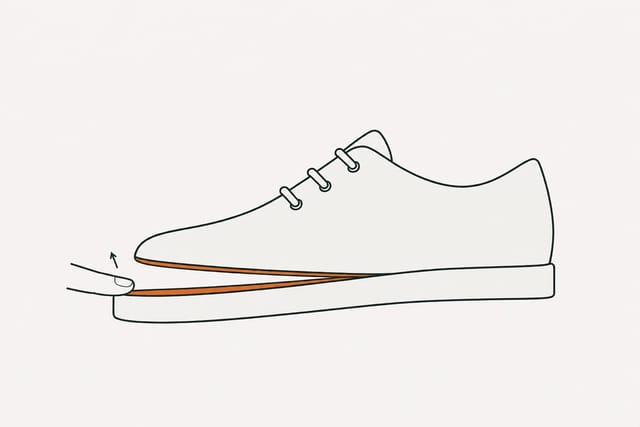 A fingertip touching the coated sole inside the still-open gap, an arrow showing it lifting away again