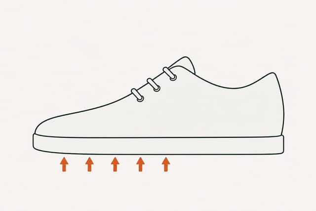 The shoe with the sole closed flush again, five arrows below it pressing up along the front half