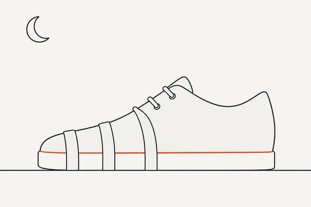 The shoe standing untouched under a crescent moon, three rubber bands wrapped around its front half