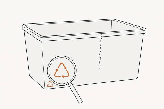 A magnifying glass held over the small moulded recycling triangle low on the cracked bin's front face, the mark enlarged inside the lens