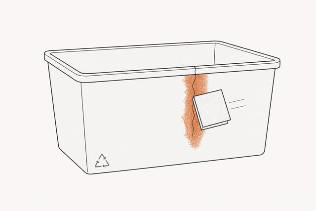 A folded sheet of sandpaper working beside the crack, a roughened band following the crack down the bin's face