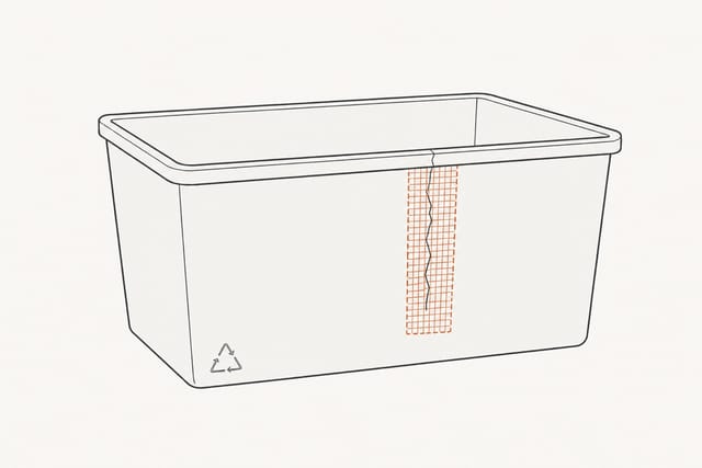 A rectangle of open mesh drawn in dashed outline behind the wall, covering the whole length of the crack from inside