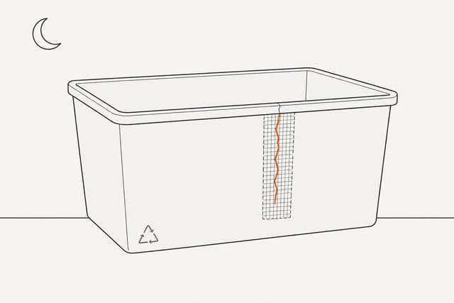 The empty bin standing untouched on a flat surface under a crescent moon, the mesh patch still over the crack