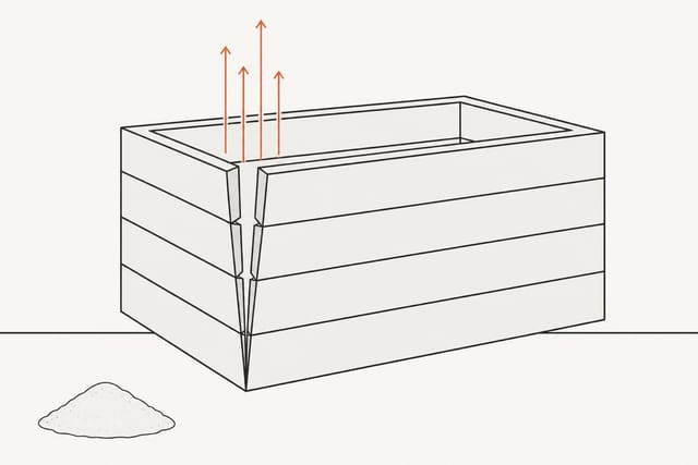 An empty planter with a small heap of soil beside it, four arrows rising off the open corner joint