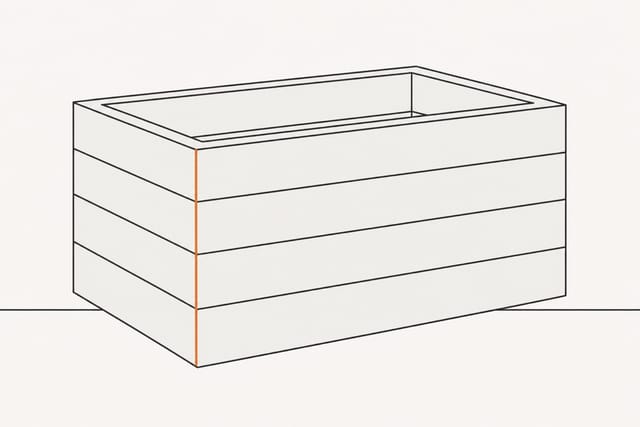 The planter's sprung corner pushed shut, a single seam running down where the boards now meet